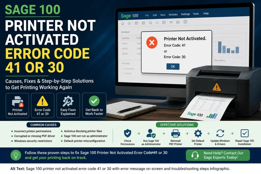 Sage 100 printer not activated error code 41 or 30 showing error message on screen with printer and troubleshooting steps graphic