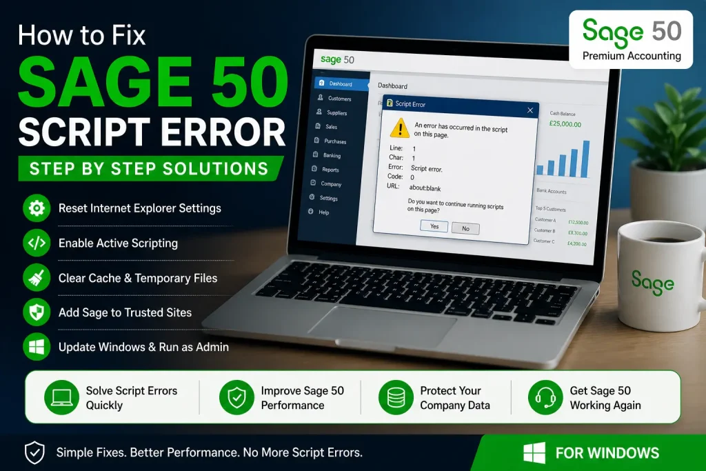 Sage 50 script error on Windows screen showing error popup with troubleshooting concept and system settings fix