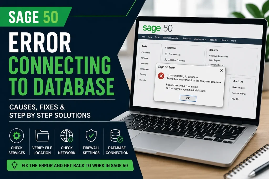Sage 50 error connecting to database shown on laptop screen with troubleshooting steps