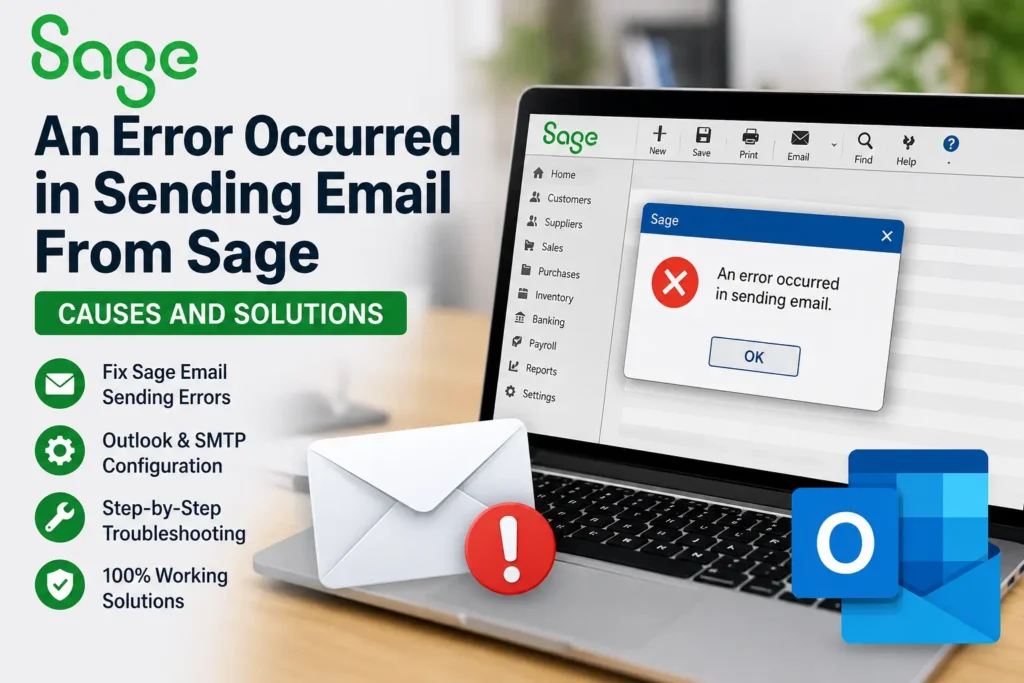 An Error Occurred in Sending Email From Sage troubleshooting guide showing Outlook and Sage email configuration issue