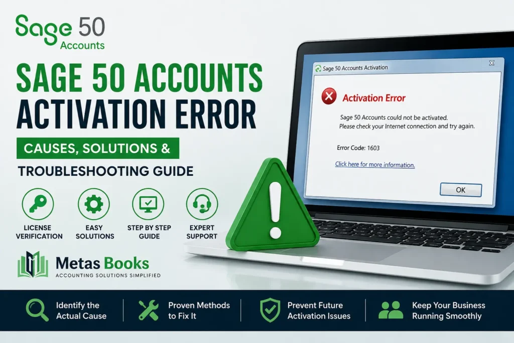 Sage 50 Accounts Activation Error troubleshooting guide showing activation issue, license verification, and software setup solutions.